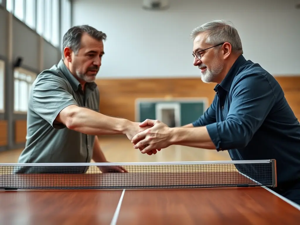 A close-up shot of two players shaking hands after a competitive table tennis match. The focus is on sportsmanship and camaraderie, highlighting the friendly competition within the club.