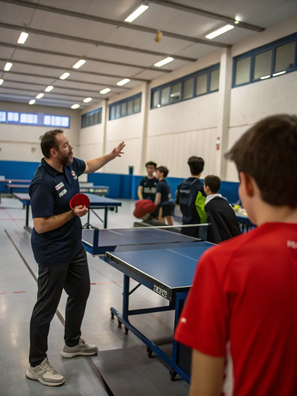 A dynamic shot of a table tennis training session, showcasing diverse participants and enthusiastic coaching.