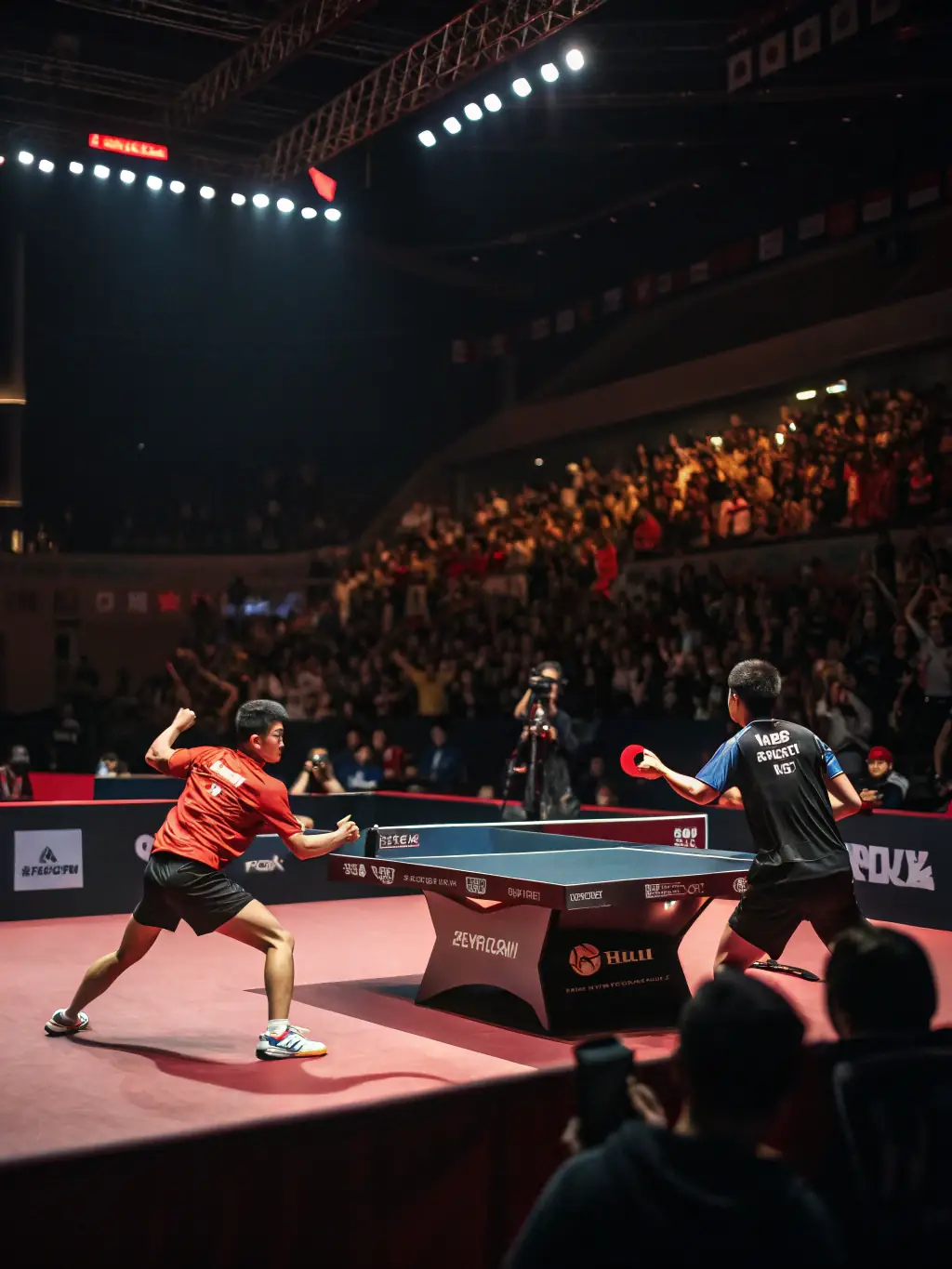 Image of a table tennis tournament, showing players of different ages and skill levels competing.