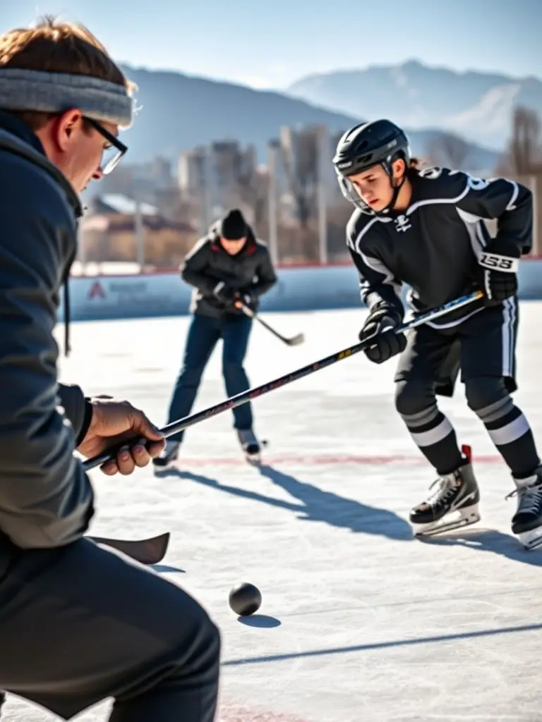 A coach demonstrating proper shooting technique to a young player on the roller hockey rink, emphasizing form and accuracy during a YETI'S GRENOBLE training session.
