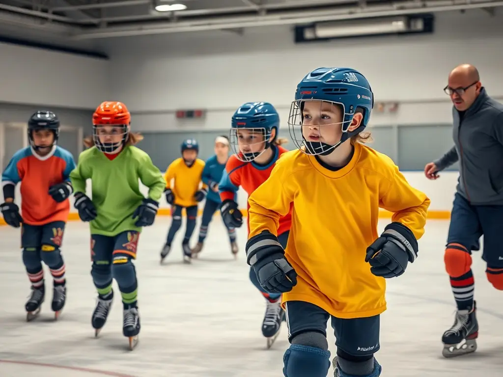 A dynamic image of young roller hockey players in action during a training session, showcasing their energy and enthusiasm.