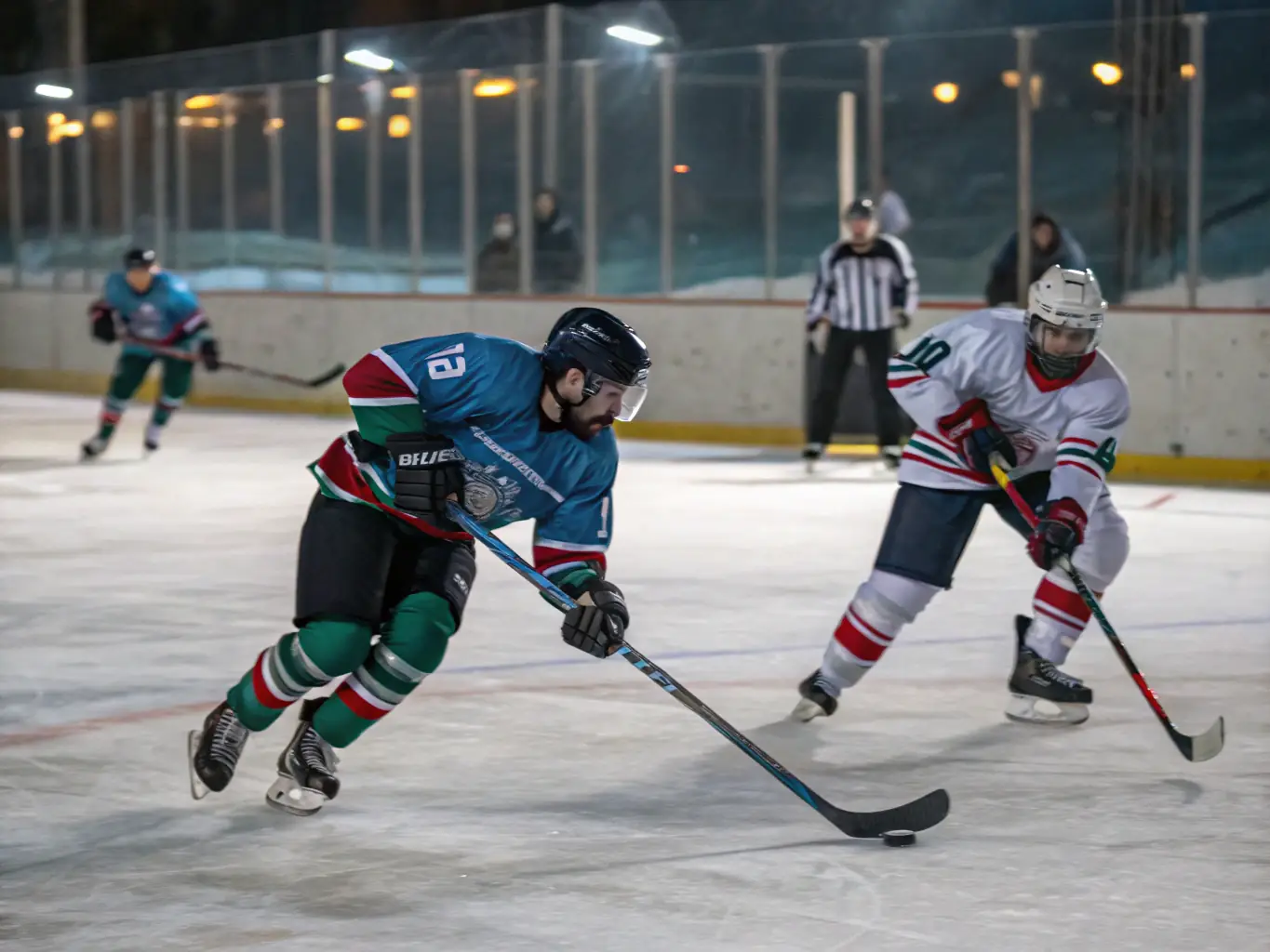 An action shot of a roller hockey competition organized by YETI'S GRENOBLE, showcasing the intensity and excitement of the sport, with players in action and spectators cheering.