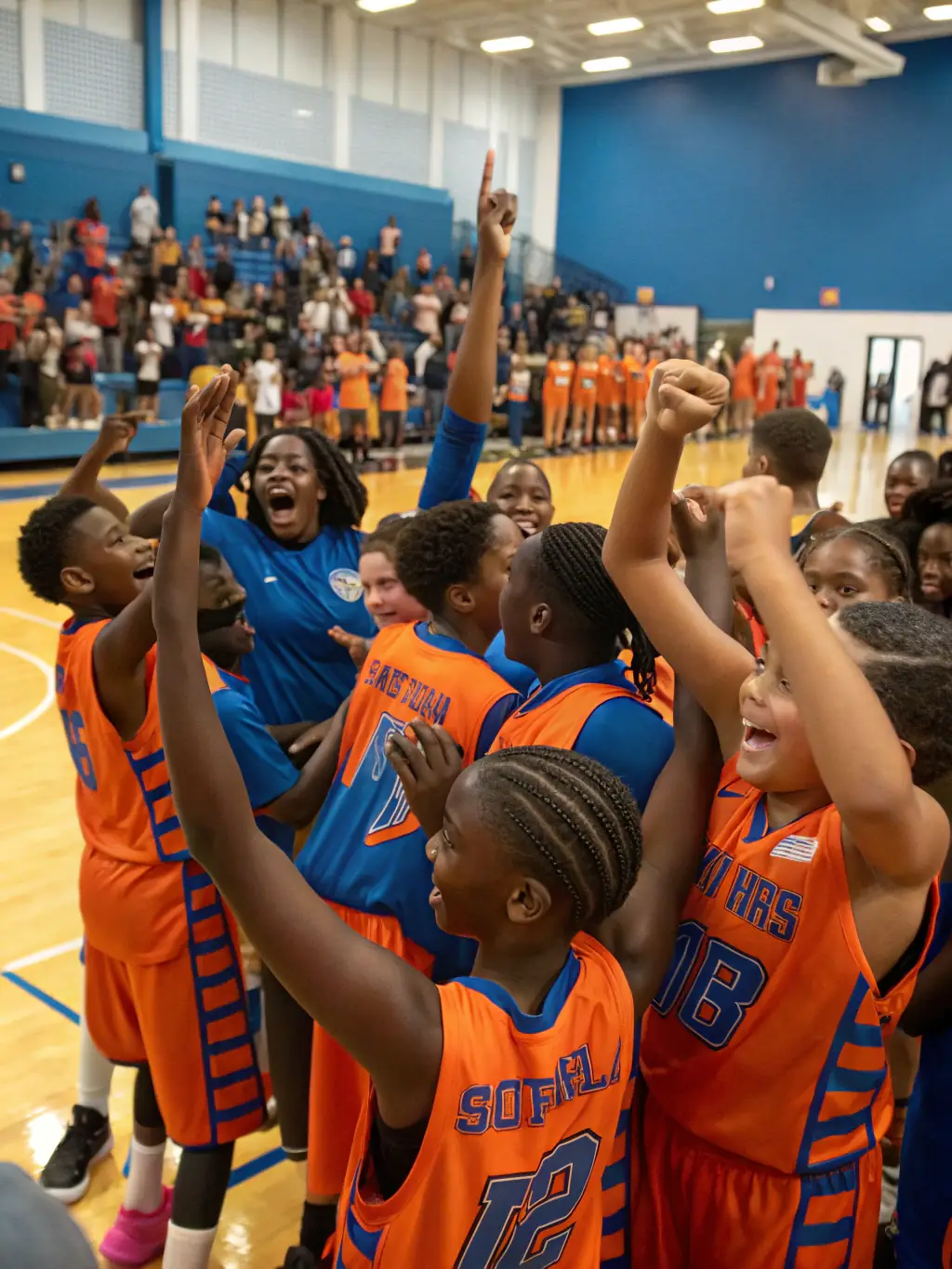 A diverse group of young athletes celebrating a goal during a roller hockey game, highlighting the inclusivity and team spirit fostered by YETI'S GRENOBLE.