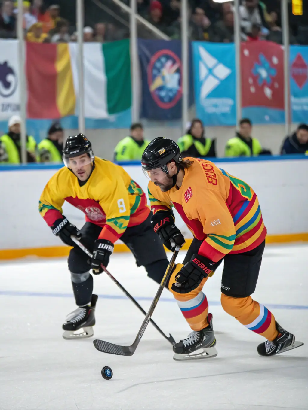 An action shot of a roller hockey game, with players competing for the puck, showcasing the intensity and teamwork involved in YETI'S GRENOBLE's advanced training program.
