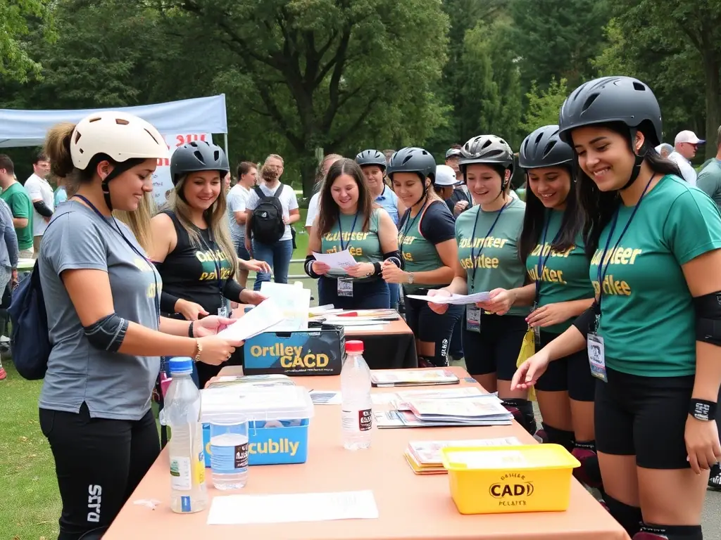 A photograph of YETI'S GRENOBLE ROLLER HOCKEY members volunteering at a local charity event, demonstrating their commitment to giving back to the community.