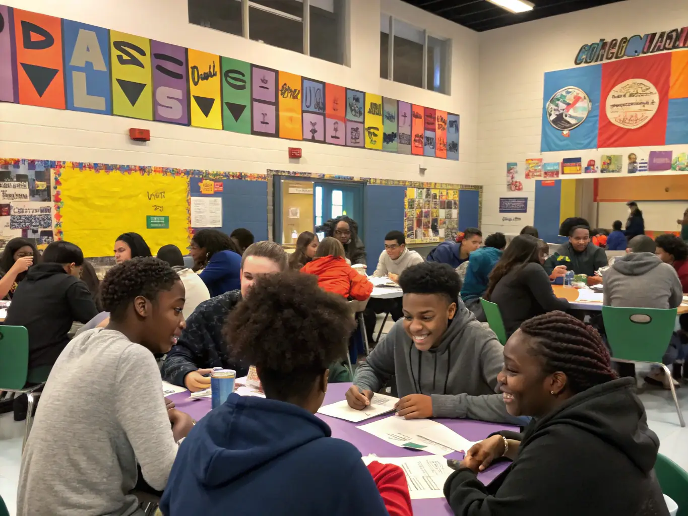 A group of teenagers engaged in a mentorship program, discussing career goals and personal development strategies with a supportive mentor in a modern, collaborative space.