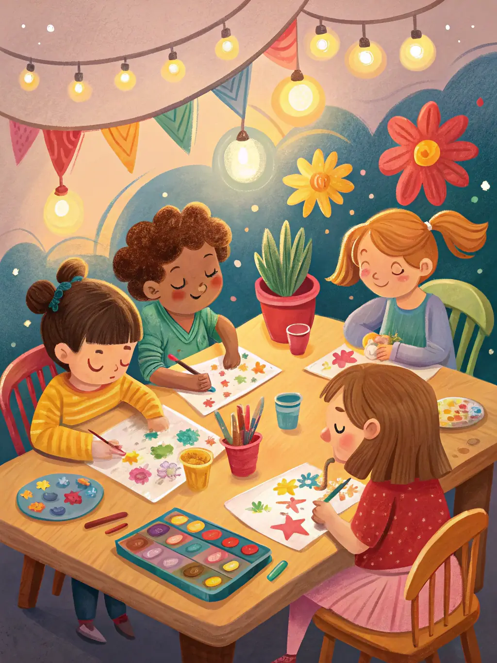 A group of young children participating in an art therapy session, guided by an instructor, in a brightly lit room at ASSOCIATION ASAEL.