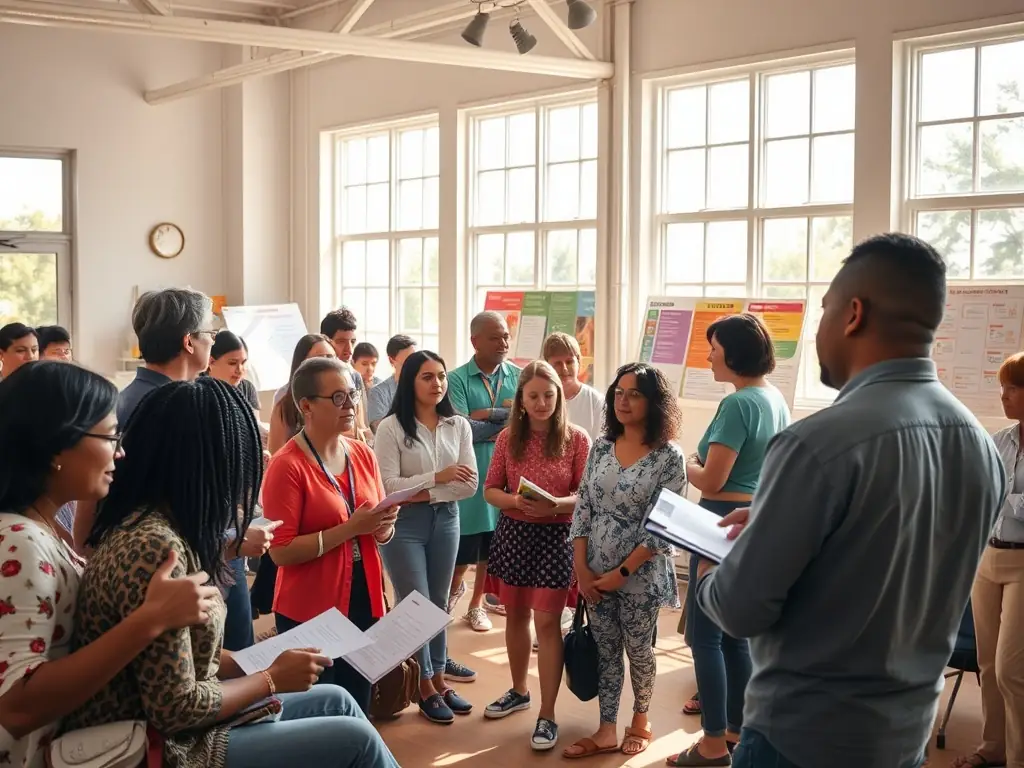 Adults participating in a life skills workshop, learning practical skills for personal and professional growth, facilitated by an experienced instructor in a community center.