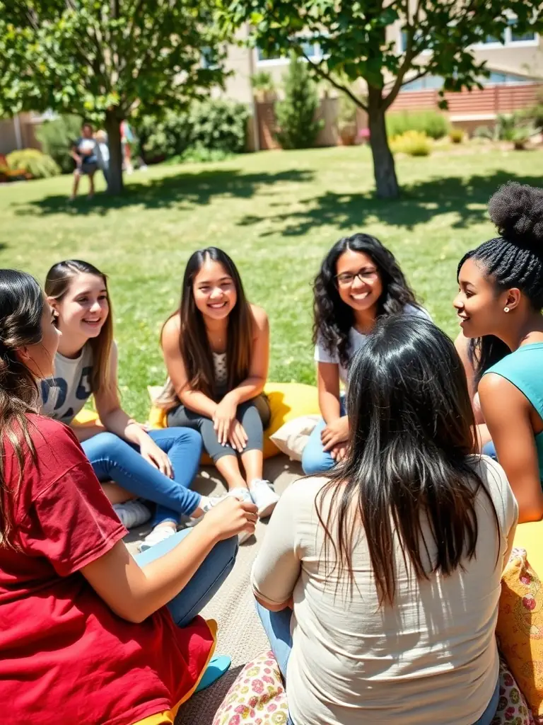 A diverse group of teenagers engaged in a peer support group meeting, facilitated by a trained counselor, at ASSOCIATION ASAEL.