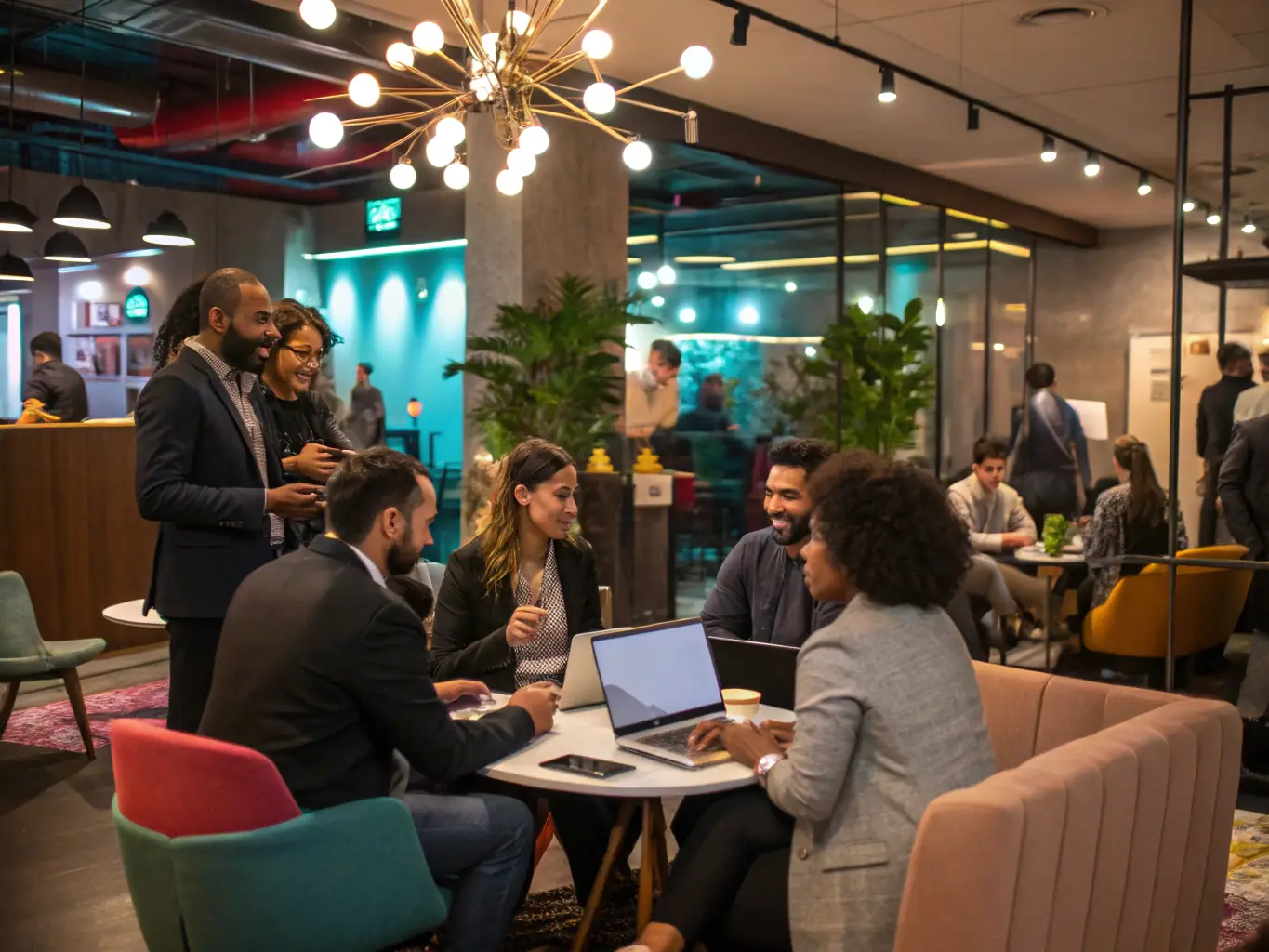 A diverse group of young adults engaged in a career development workshop, collaborating on projects and receiving guidance from mentors, set in a modern co-working space.