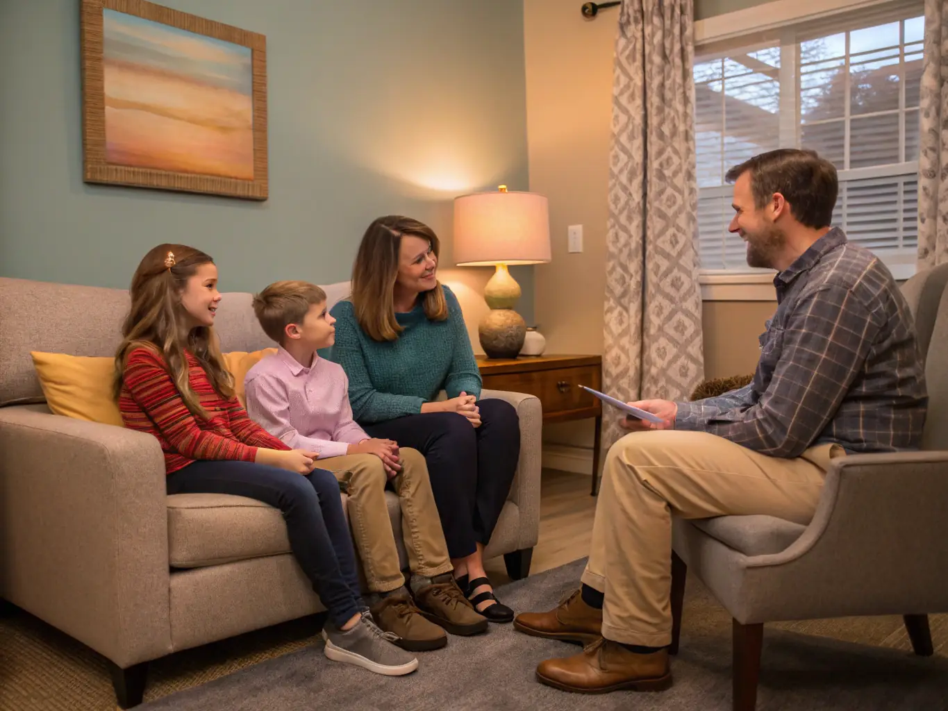 A family participating in a group counseling session, facilitated by a therapist, in a warm and supportive office setting.